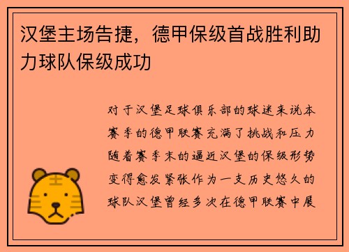 汉堡主场告捷，德甲保级首战胜利助力球队保级成功